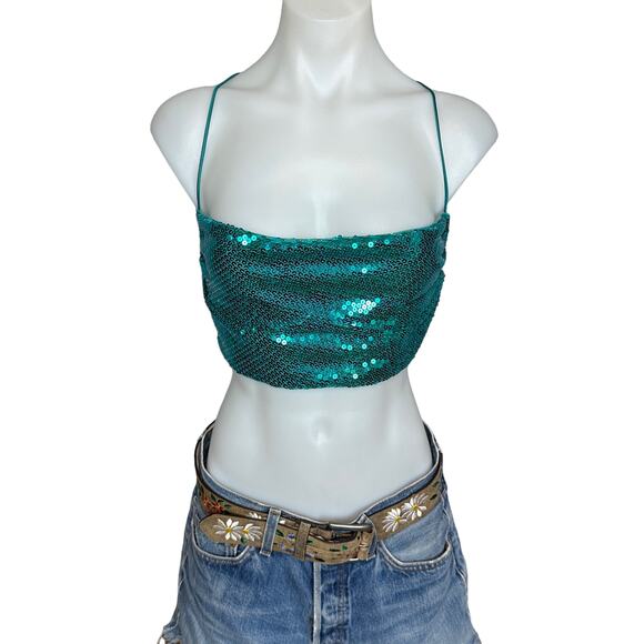 NBD Sequin Crop Top Mermaid Green MEDIUM Tie Back Bandeau Annelise $128 NEW - Picture 6 of 9